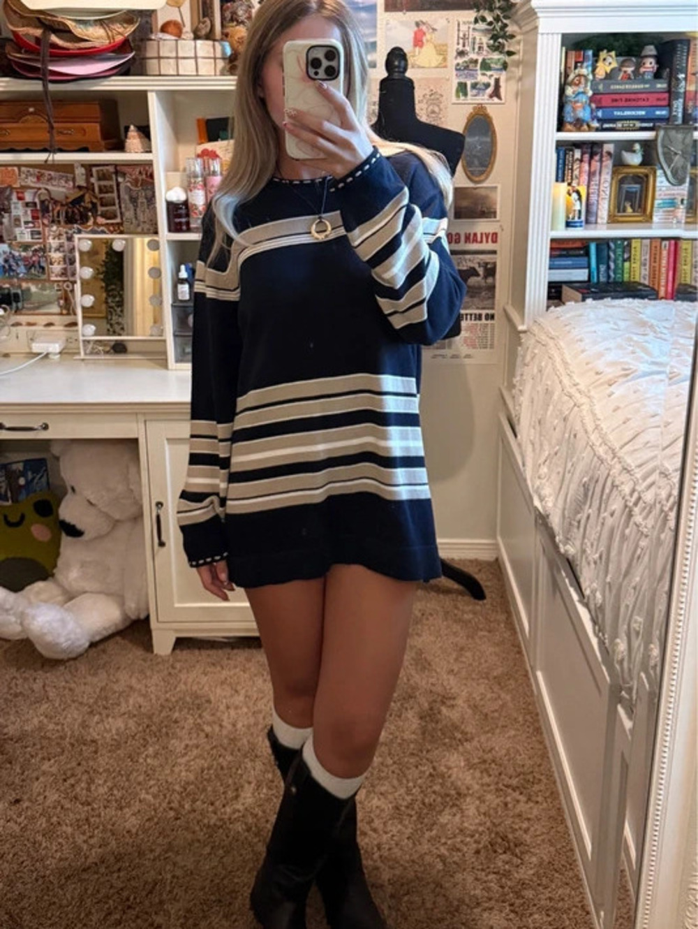 Emma James Liz Claiborne Navy Tan Striped Sweater Tunic Size L Y2K